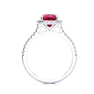 2 Carat Cushion Cut Ruby and Halo Diamond Ring In 14K White Gold