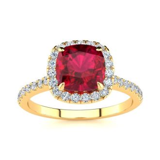 2 Carat Cushion Cut Ruby and Halo Diamond Ring In 14K Yellow Gold