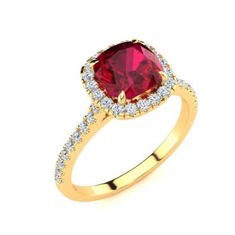 2 Carat Cushion Cut Ruby and Halo Diamond Ring In 14K Yellow Gold