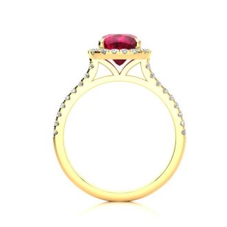 2 Carat Cushion Cut Ruby and Halo Diamond Ring In 14K Yellow Gold