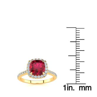 2 Carat Cushion Cut Ruby and Halo Diamond Ring In 14K Yellow Gold