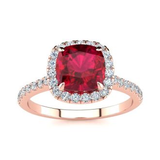 2 Carat Cushion Cut Ruby and Halo Diamond Ring In 14K Rose Gold