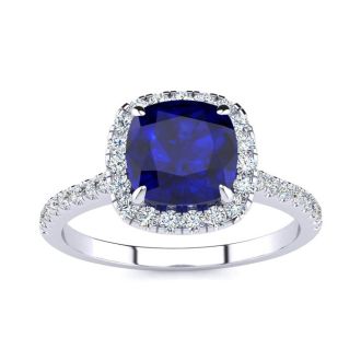 2 Carat Cushion Cut Sapphire and Halo Diamond Ring In 14K White Gold