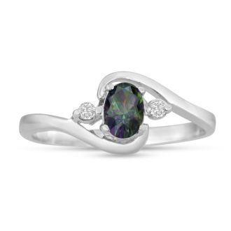 1/2 Carat Oval Shape Mystic Topaz Ring With Two Diamonds In 14 Karat White Gold