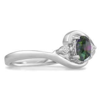 1/2 Carat Oval Shape Mystic Topaz Ring With Two Diamonds In 14 Karat White Gold