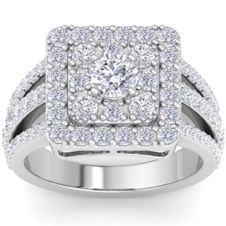 1 3/4 Carat Princess Style Halo Diamond Engagement Ring in 14k White Gold 