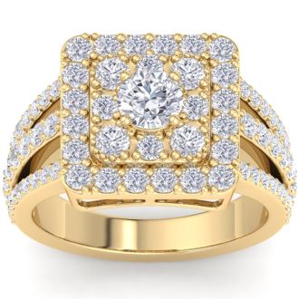 1 3/4 Carat Princess Style Halo Diamond Engagement Ring in 14k Yellow Gold 