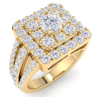 1 3/4 Carat Princess Style Halo Diamond Engagement Ring in 14k Yellow Gold 