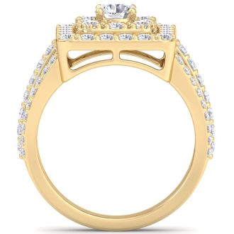 1 3/4 Carat Princess Style Halo Diamond Engagement Ring in 14k Yellow Gold 