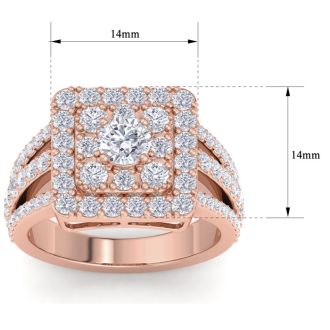 1 3/4 Carat Princess Style Halo Diamond Engagement Ring in 14k Rose Gold 