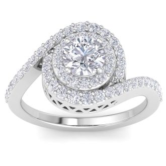 1 1/2 Carat Swirl Halo Diamond Engagement Ring in 14k White Gold