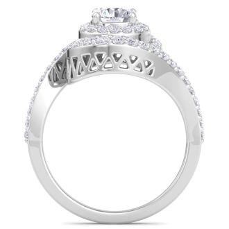 1 1/2 Carat Swirl Halo Diamond Engagement Ring in 14k White Gold