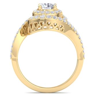 1 1/2 Carat Swirl Halo Diamond Engagement Ring in 14k Yellow Gold