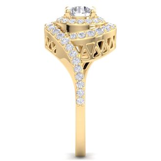 1 1/2 Carat Swirl Halo Diamond Engagement Ring in 14k Yellow Gold