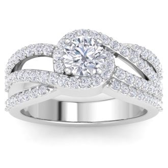 1 1/2 Carat Triple Band Halo Diamond Engagement Ring in 14k White Gold 