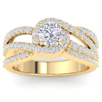 1 1/2 Carat Triple Band Halo Diamond Engagement Ring in 14k Yellow Gold 