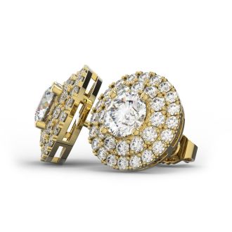 14K Yellow Gold 3 Carat Diamond Halo Stud Earrings