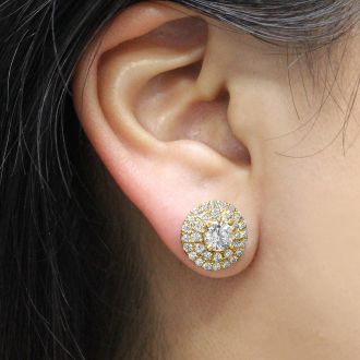 14K Yellow Gold 3 Carat Diamond Halo Stud Earrings