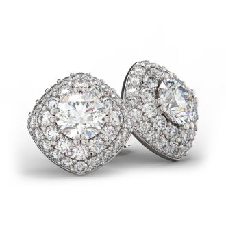 14K White Gold 3 Carat Diamond Cushion Shape Halo Stud Earrings

