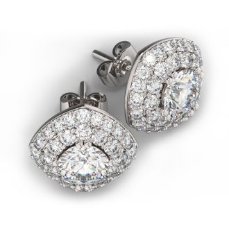 14K White Gold 3 Carat Diamond Cushion Shape Halo Stud Earrings

