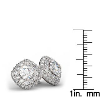 14K White Gold 3 Carat Diamond Cushion Shape Halo Stud Earrings
