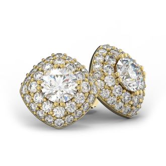 14K Yellow Gold 3 Carat Diamond Cushion Shape Halo Stud Earrings