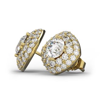 14K Yellow Gold 3 Carat Diamond Cushion Shape Halo Stud Earrings