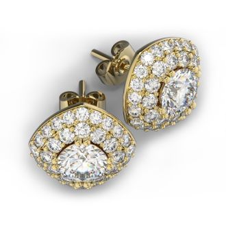 14K Yellow Gold 3 Carat Diamond Cushion Shape Halo Stud Earrings