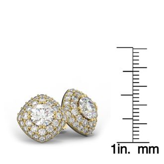 14K Yellow Gold 3 Carat Diamond Cushion Shape Halo Stud Earrings