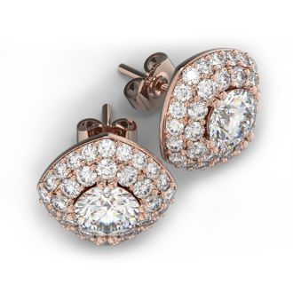 14K Rose Gold 3 Carat Diamond Cushion Shape Halo Stud Earrings