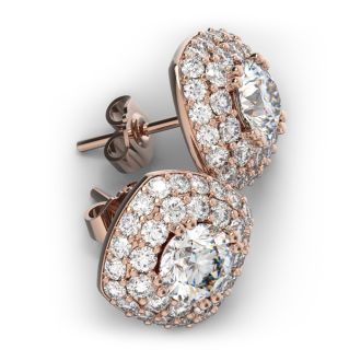 14K Rose Gold 3 Carat Diamond Cushion Shape Halo Stud Earrings