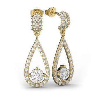 Diamond Drop Earrings: 14K Yellow Gold 3 Carat Diamond Halo Teardrop Earrings