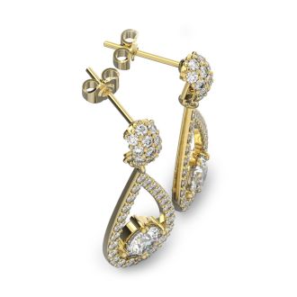Diamond Drop Earrings: 14K Yellow Gold 3 Carat Diamond Halo Teardrop Earrings