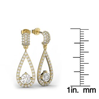 Diamond Drop Earrings: 14K Yellow Gold 3 Carat Diamond Halo Teardrop Earrings