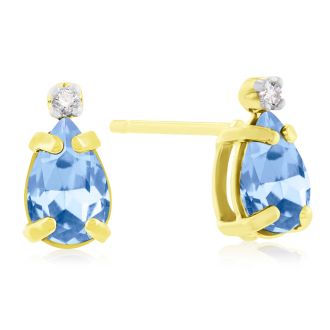 1ct Pear Shaped Blue Topaz and Diamond Earrings in 14k Yellow Gold
