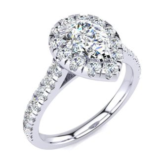 1 Carat Pear Shape Halo Diamond Engagement Ring in 14k White Gold