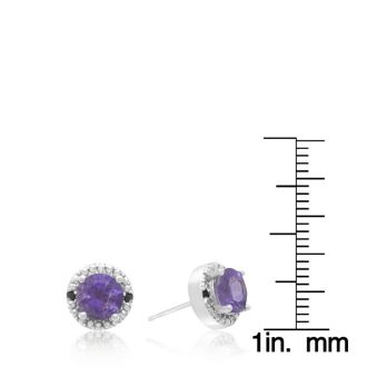 1 1/2 Carat Amethyst and Black Diamond Halo Stud Earrings in Sterling Silver