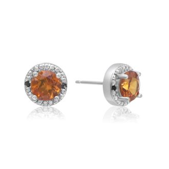 1 1/2 Carat Created Padparadscha and Black Diamond Halo Stud Earrings In Sterling Silver