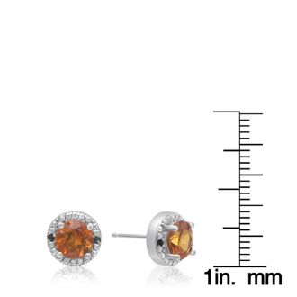 1 1/2 Carat Created Padparadscha and Black Diamond Halo Stud Earrings In Sterling Silver