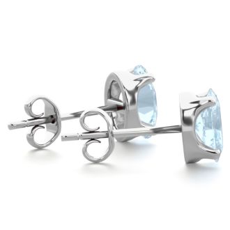 1 Carat Oval Shape Aquamarine Stud Earrings In Sterling Silver