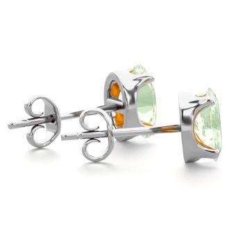 1 Carat Oval Shape Green Amethyst Stud Earrings In Sterling Silver