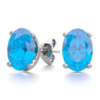 2 Carat Oval Shape Blue Topaz Stud Earrings In Sterling Silver