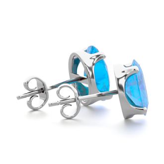 3 Carat Oval Shape Blue Topaz Stud Earrings In Sterling Silver