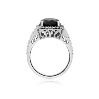 4 1/2 Carat Cushion Cut Black and White Diamond Halo Ring in 14k White Gold