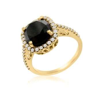 4 1/2 Carat Cushion Cut Black and White Diamond Halo Ring in 14 Karat Yellow Gold