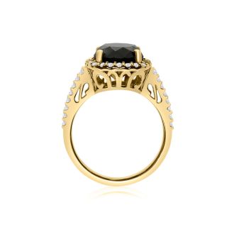 4 1/2 Carat Cushion Cut Black and White Diamond Halo Ring in 14 Karat Yellow Gold