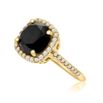 4 1/2 Carat Cushion Cut Black and White Diamond Halo Ring in 14 Karat Yellow Gold