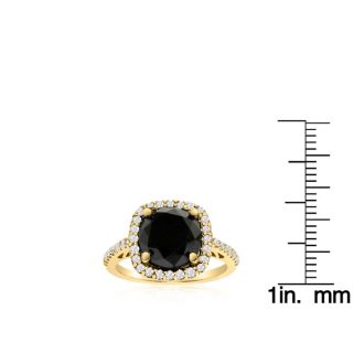 4 1/2 Carat Cushion Cut Black and White Diamond Halo Ring in 14 Karat Yellow Gold