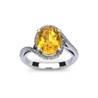 1 Carat Oval Shape Citrine and Halo Diamond Ring In 14 Karat White Gold