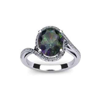 1 Carat Oval Shape Mystic Topaz Ring With Swirling Diamond Halo In 14 Karat White Gold